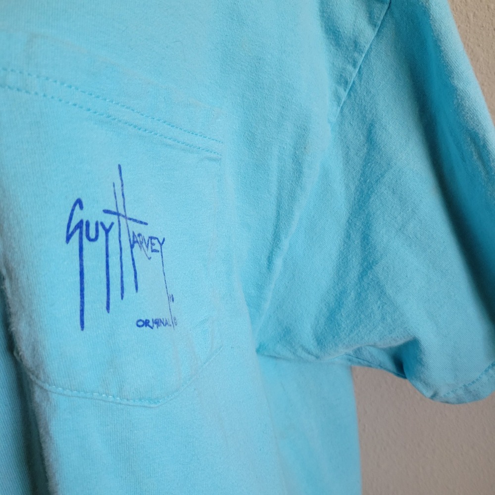 Guy Harvey Mens Large Blue Pocket T-Shirt Fishing Boat Sunset Graphic Cotton Tee - Picture 3 of 8